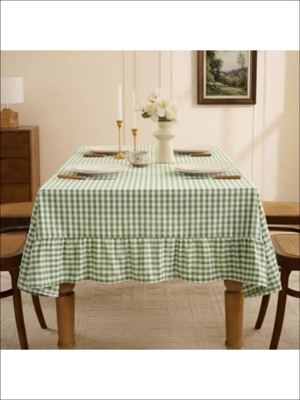 Ruffled Gingham Tablecloth 60x84 Polyester Cotton Linen Look Dining